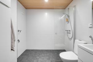 a bathroom with a shower and a toilet and a sink at Simple studio for two in Turku Center in Turku