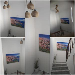 a series of four pictures of a room with paintings on the wall at Twelve 12 Islands in Symi