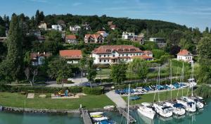 a group of boats docked at a marina at Aquilo Hotel Panoráma in Tihany