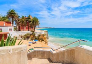a view of a beach with palm trees and the ocean at Blue Sun Armação in Armação de Pêra