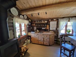 a kitchen with wooden walls and a tv in a cabin at Smia cabin , A Unique Rustic Hideaway in Lii