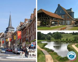 a collage of pictures of a town with a river and buildings at Gîte de l'Avenue Verte in Neufchâtel-en-Bray