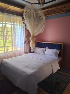 a bedroom with a large white bed with a net at Balozi Homes Nyeri in Nyeri