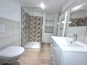 a bathroom with a shower and a toilet and a sink at Chez Helje in Les Essards-Taignevaux