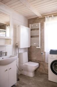 a white bathroom with a toilet and a sink at Lawendowe Pole - Domek Różany in Nowe Kawkowo +25 photos