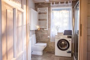 a bathroom with a toilet and a washing machine at Lawendowe Pole - Domek Różany in Nowe Kawkowo