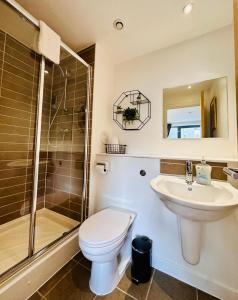a bathroom with a toilet and a sink and a shower at Waters View in Edinburgh +18 photos