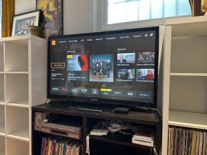 a large flat screen tv sitting on a entertainment center at Chambre-Studio et SAUNA indépendants in Annecy