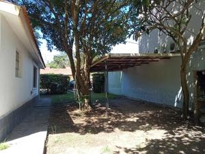 a tree in a yard next to a building at Casa Centrica 5 Huésped in Pinamar