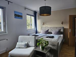 a bedroom with a bed and a couch and a chair at Seepavillon Rheinsberg in Rheinsberg +24 photos