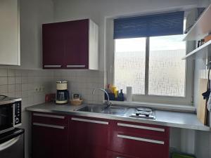 a kitchen with a sink and a window at Seepavillon Rheinsberg in Rheinsberg