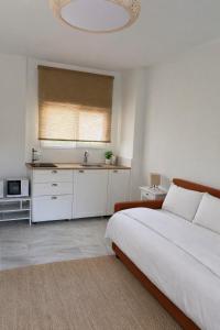 a bedroom with a bed and a kitchen with a sink at Studio-Guest House with Jacuzzi Spa and Sauna in Espartinas