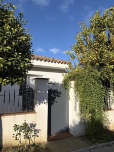 a white house with a door and a fence at Studio-Guest House with Jacuzzi Spa and Sauna in Espartinas +7 photos