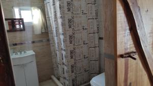 a bathroom with a toilet and a shower curtain at Dúplex para 4 San Luis in Barranca Colorada +8 photos