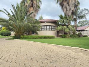 a house with palm trees and a brick driveway at Palm Guesthouse in Zeerust
