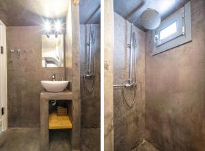 two pictures of a bathroom with a sink and a shower at Mykonos Yialos Town Home Loft - by Hospirit in Mikonos