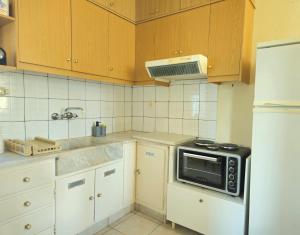 a kitchen with a sink and a microwave at Mary's apartment Elaia 3 in Elia Laconias