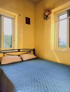 a room with two beds and two windows at Mary's apartment Elaia 3 in Elia Laconias