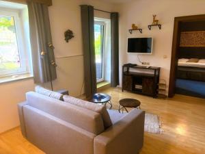 a living room with a couch and a television at Haus Hubertus in Hochfilzen