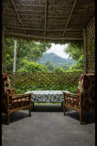 two benches sitting in a room with a view at Misty Mount Resort in Ella