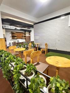 a cafeteria with tables and chairs and potted plants at Herat Star Hotel in Herāt