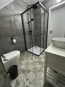 a bathroom with a shower and a toilet and a sink at Šťastná 118 in Sněžné +5 photos
