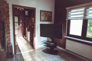 a living room with a flat screen tv and a window at Ferienhaus Vogtland mit Sauna und Hot Tub in Weischlitz