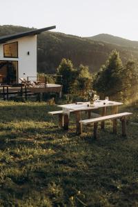 a picnic table in the middle of a field at Гірські будиночки in Zhdenievo