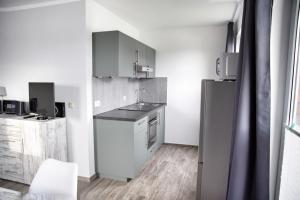 a small kitchen with a sink and a refrigerator at Lagunenstadt am Haff - Fewo 181 Kogge in Ueckermünde