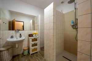 a bathroom with a sink and a shower at Apartmány Caffe & Grill in Roudnice nad Labem +56 photos