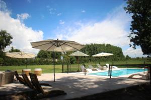 a swimming pool with umbrellas and chairs and a swimming pool at Posada La Celia in Eugenio Bustos