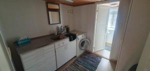 a kitchen with a sink and a washing machine at Sunset Cabin in Ålesund