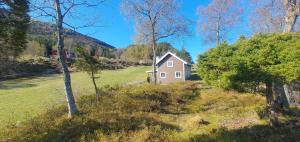 a house in the middle of a field with trees at Sunset Cabin in Ålesund
