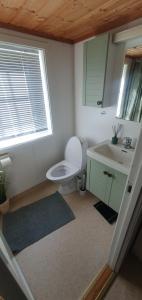 a bathroom with a toilet and a sink and a window at Sunset Cabin in Ålesund +14 photos
