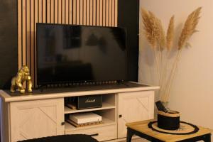 a flat screen tv sitting on top of a entertainment center at Le Duplex appartement proche de la Cathédrale in Bayeux