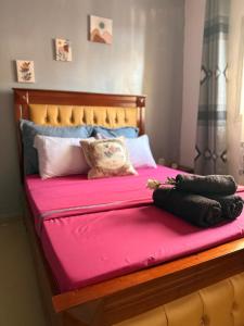 a large bed with a pink blanket on it at Appartement Dan'L Ngousso in Yaoundé
