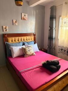 a large bed with pink sheets and a pink blanket at Appartement Dan'L Ngousso in Yaoundé