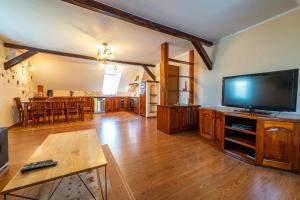 a living room with a large flat screen tv at LAKE VIEW House in Mikołajki