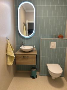 a bathroom with a sink and a toilet and a mirror at Sentralt og koselig in Kristiansand +14 photos