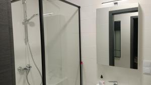 a shower with a glass door next to a sink at Apartamenty Rudzka in Rybnik +13 photos