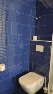 a blue tiled bathroom with a toilet in it at Huéspedes Sa Font in Ibiza Town