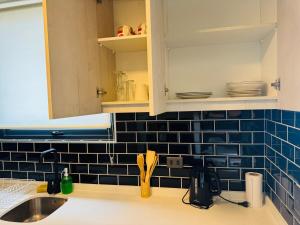 a kitchen with a sink and blue tile on the wall at Studio Frente Al Muelle Barón in Valparaíso +7 photos