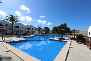 a large blue swimming pool with chairs and umbrellas at Apartamento Complejo Pinimar in Port d'Addaia