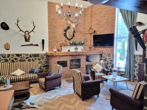a living room with couches and a fireplace at Apartmán Filip wellness,krytý bazén in Tatranska Strba