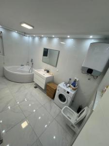 a white bathroom with a washing machine and a toilet at Stan na dan Jelah in Jelah