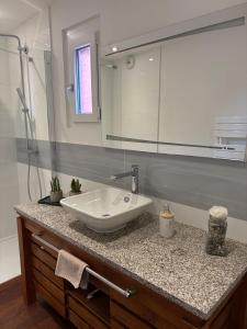 a bathroom with a sink and a large mirror at Maison cosy 64 m2 à 10 min de Strasbourg, idéale familles in Lampertheim +22 photos