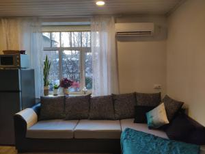 a living room with a couch and a window at Suure terrassiga korter raudteejaama lähedal in Viljandi +8 photos