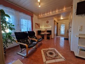 a living room with a chair and a table at Ferienwohnung Am Öpitzer Berg in Pößneck