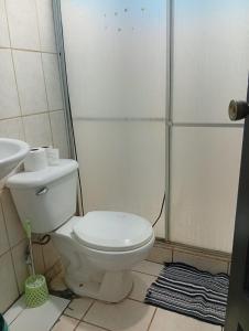a bathroom with a toilet and a shower at Apartamentos GoZu # 2 in Puerto Viejo