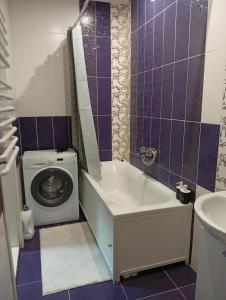 a bathroom with a tub and a washing machine at Gray in Ternopil